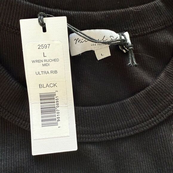 Michael Stars Wren Ruched Ribbed Midi Dress Black Large NWT - Picture 5 of 5